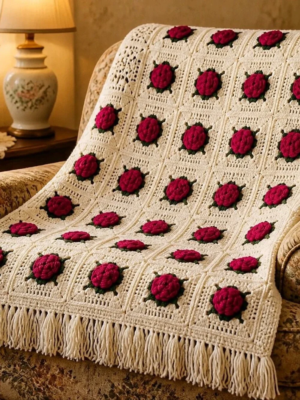 Vintage 70s 3D Red Rose Granny Square Crochet Afghan Blanket - 63